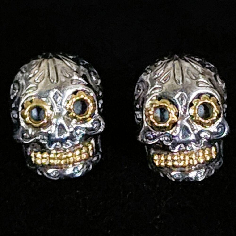 Sterling Silver Calavera Sugar Skull Earrings Brass Accents by SILVER PHANTOM